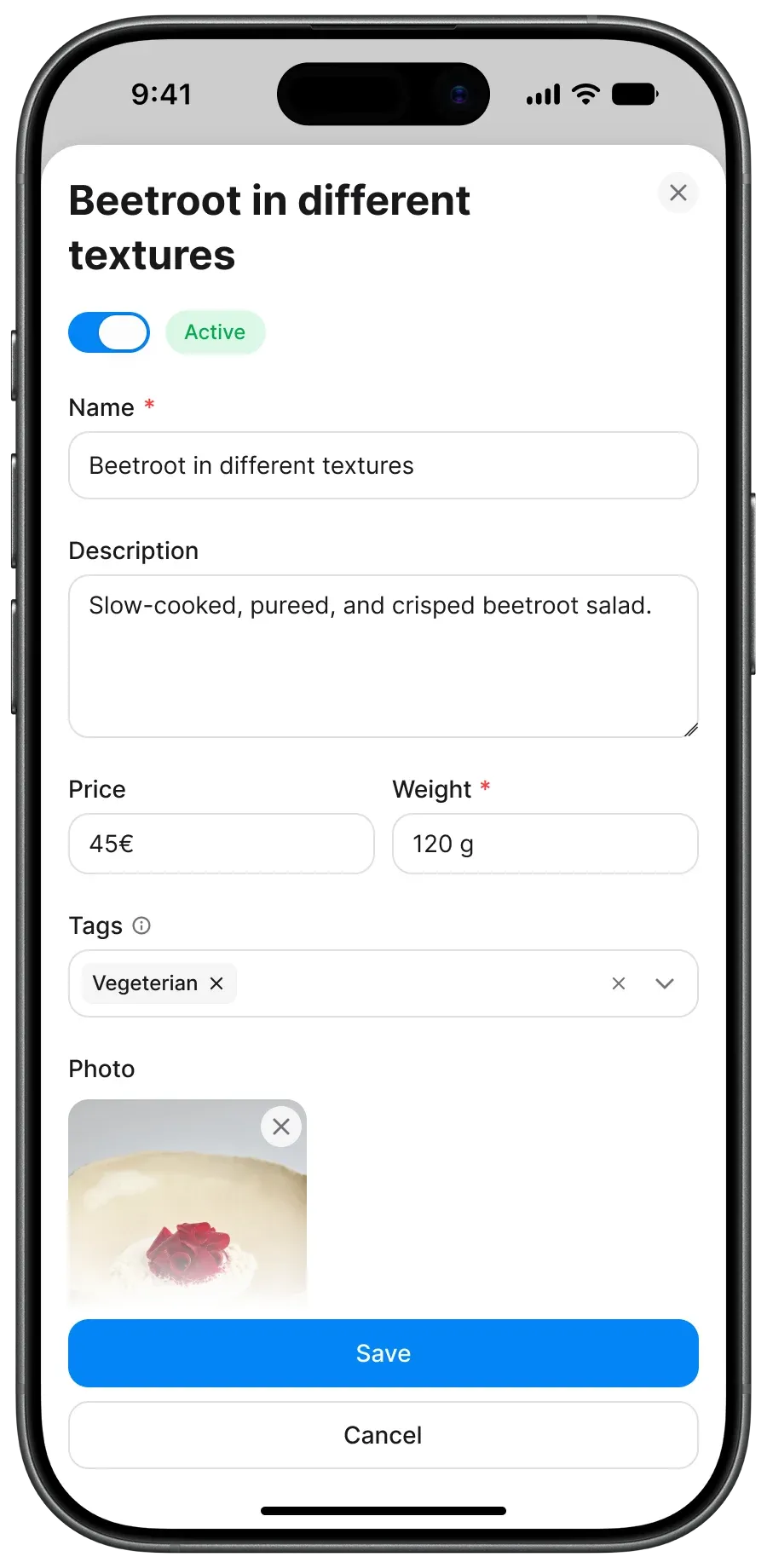 Mobile view: Dish inline editing