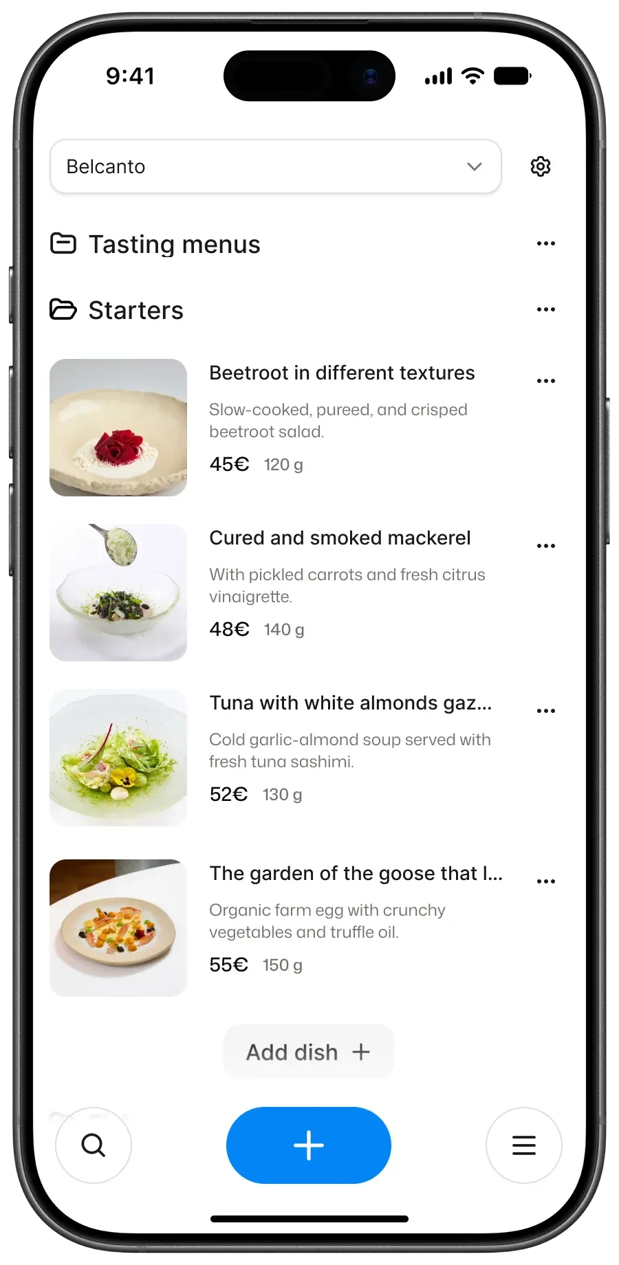 Mobile view: Menu categories list