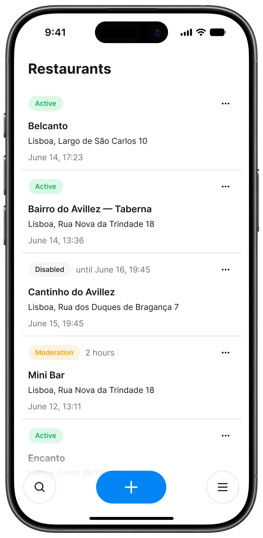 Mobile view: Restaurant list