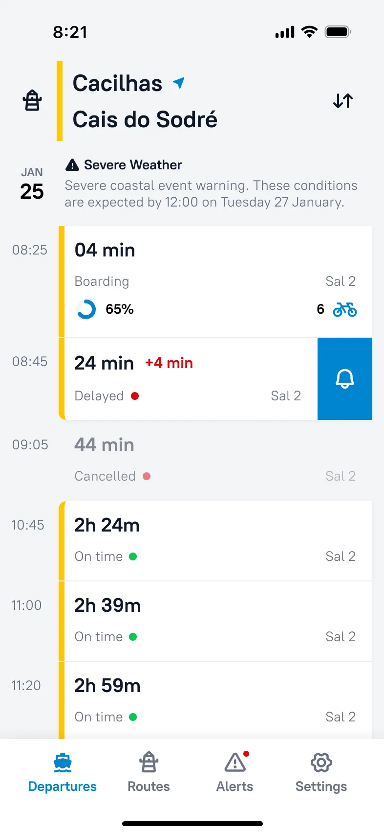 Ferry departures details screen