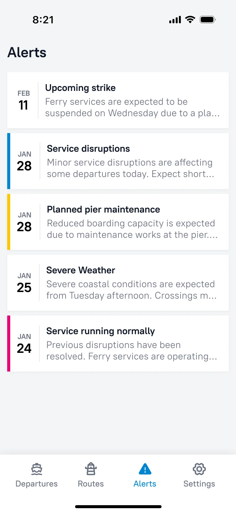 Ferry departures details screen