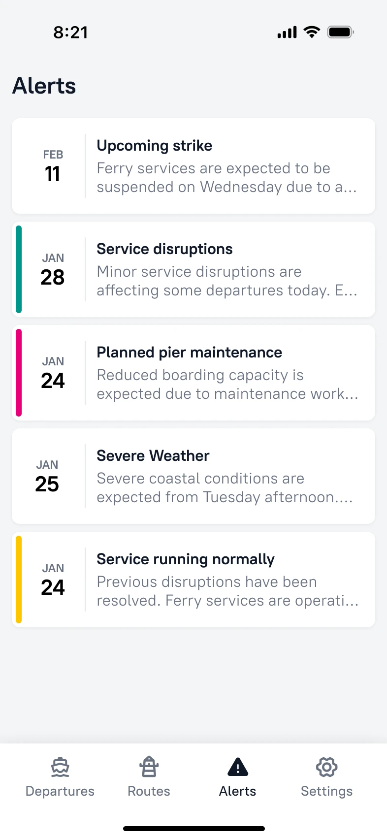 Ferry departures details screen
