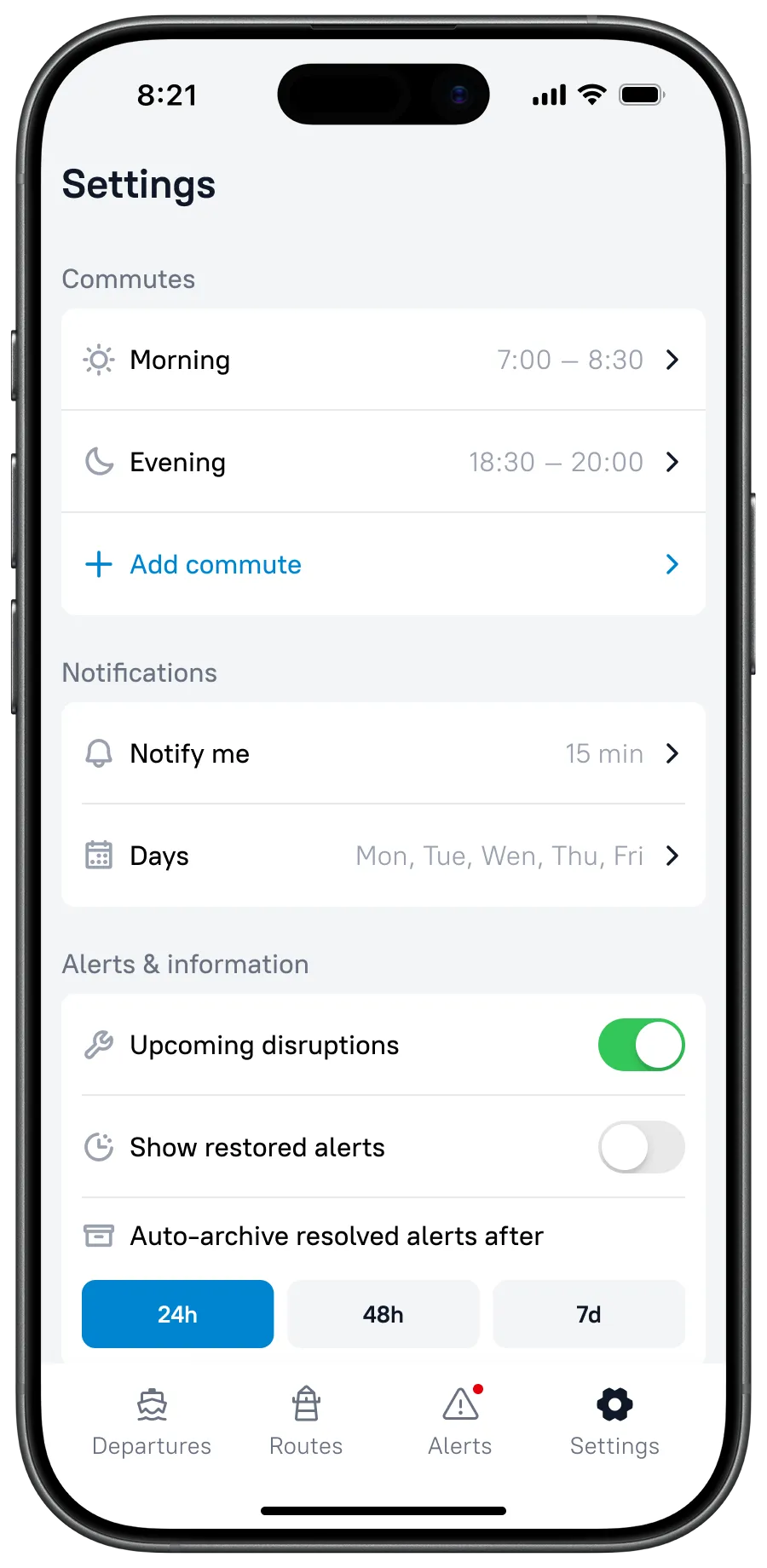 Ferry settings screen