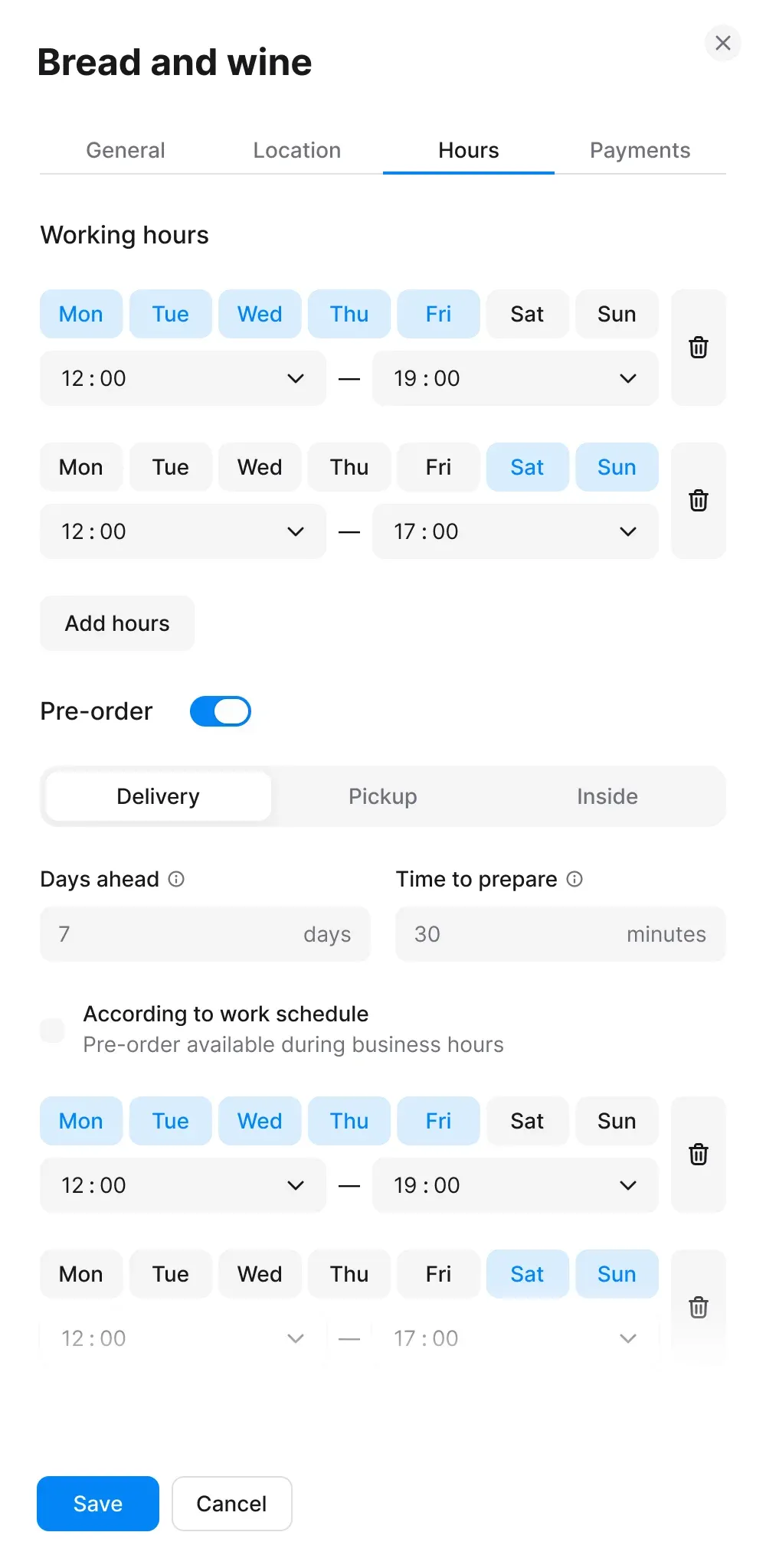 Hours settings tab mockup