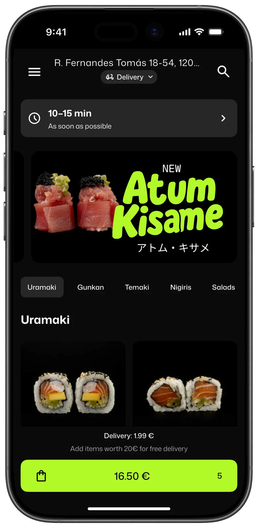 Sushi menu screen