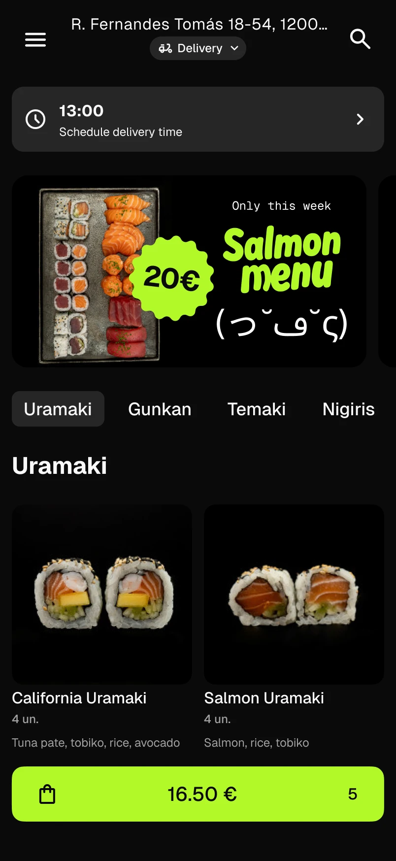 Sushi menu screen