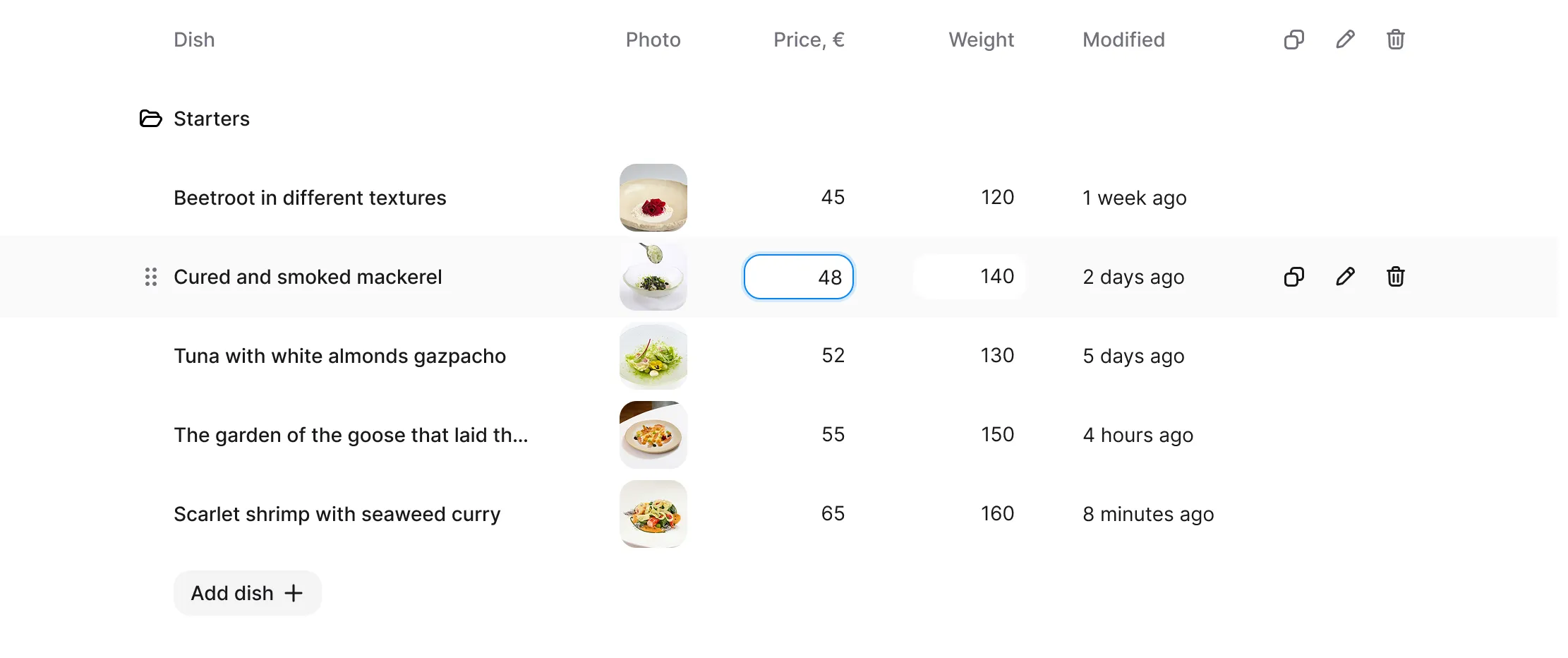 Inline editing and visual updates in the menu table