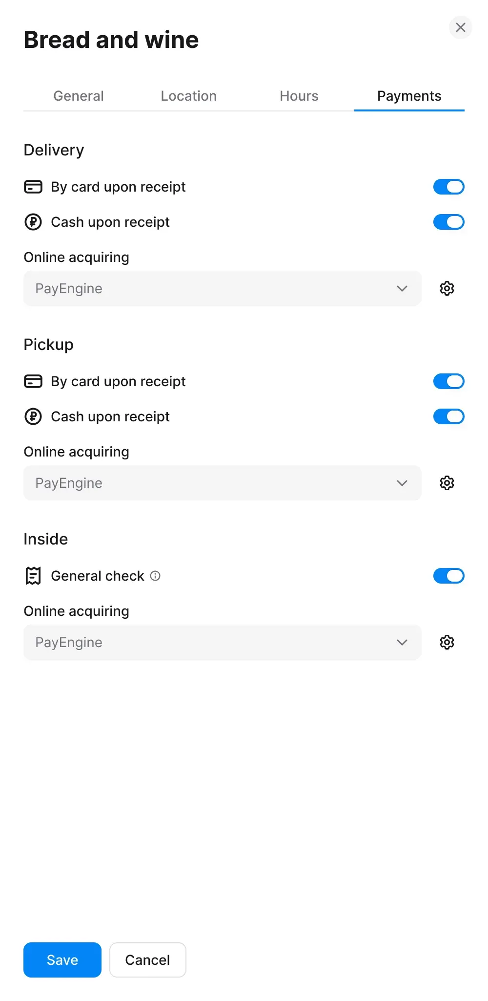 Payments settings tab mockup